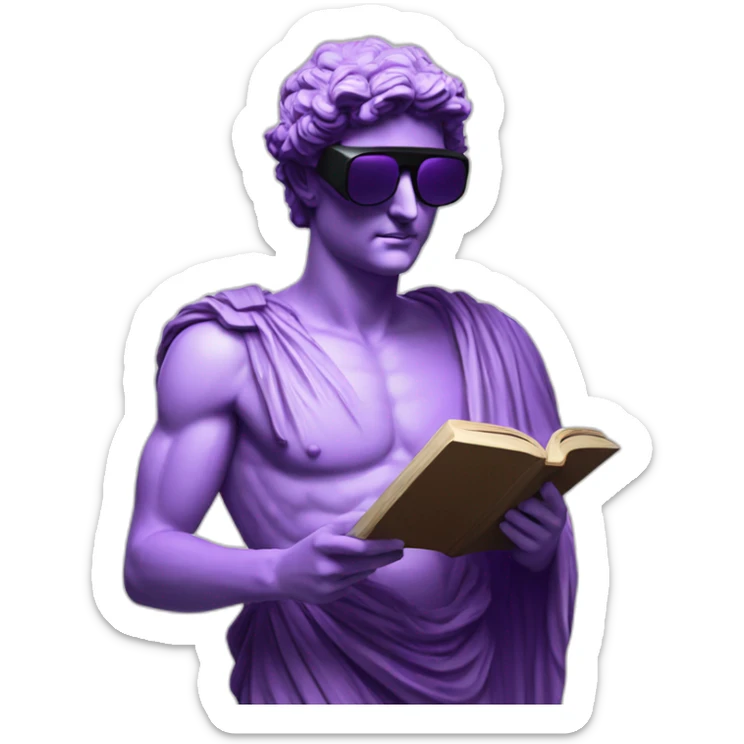an EMOJI OF A ancient young greek statue reading a book, wearing VR glasses, purple colors, DIGITAL UNIVERSE sticker