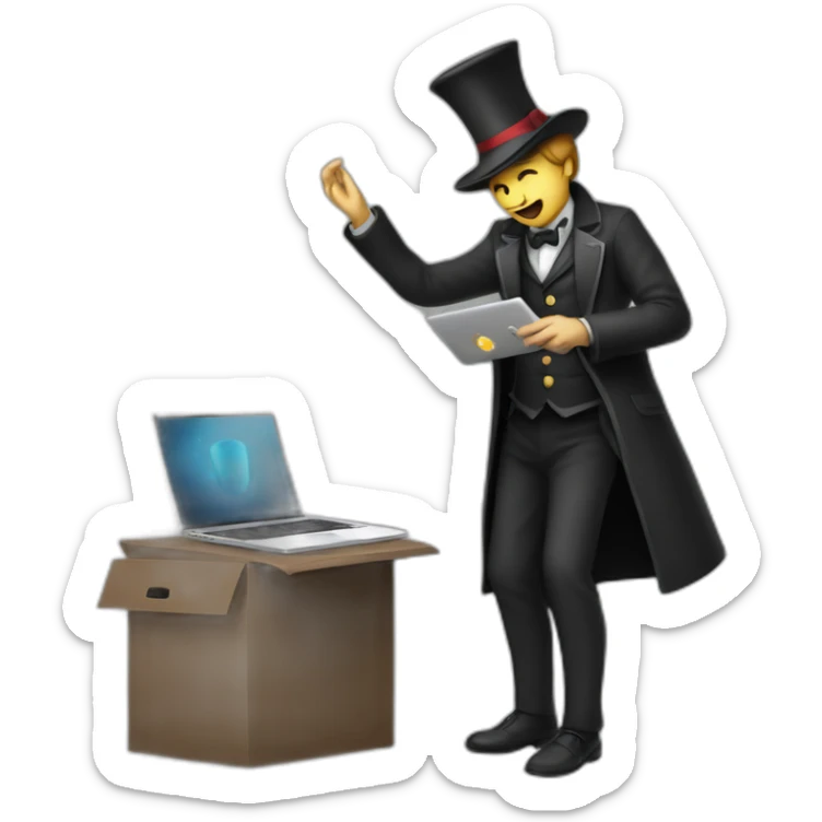 magician programming a laptop with an emoji of an idling truck on the screen sticker