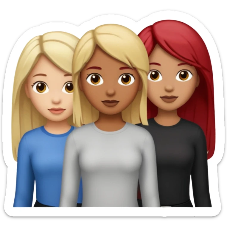 3 girls. 1 light skin with blonde hair 1 brown skin with black hair and 1 tan skin with brownish/red hair sticker