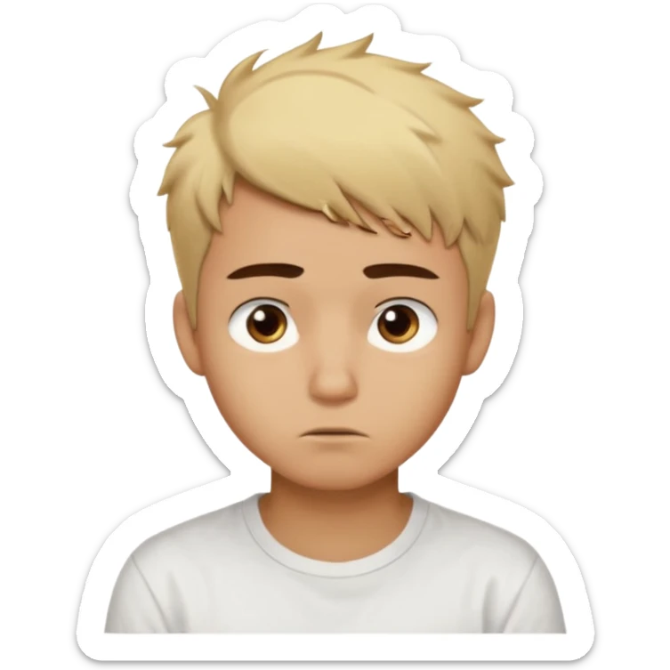 caramel skin color. Teen age. Short buzz, messy blonde hair, dark brown bushy eyebrows large expressive golden-brown eyes, brown skin color, scar over nose, wearing a plain white t-shirt. 20 year old male. thinking facial expression. caramel skin color.  sticker