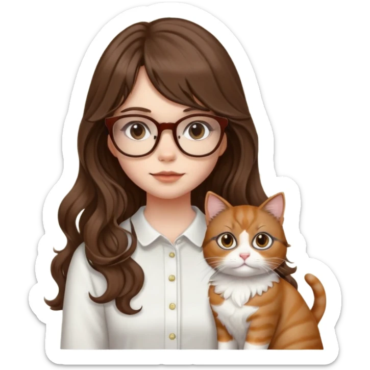 White skin Girl with brown long wavy hair with curtain bangs and brown glasses with a white cat sticker