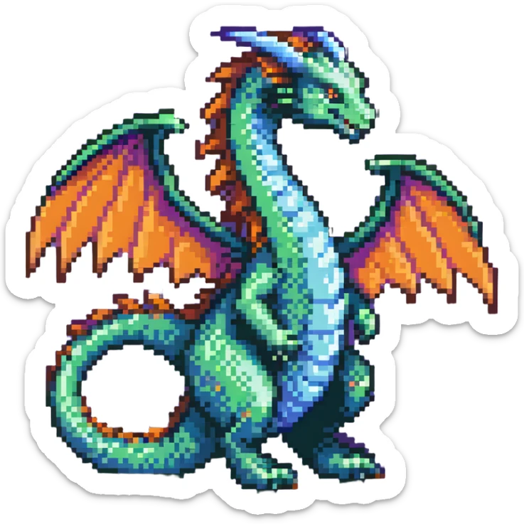mystical wyrm with a long tail and large wings, colored green, blue, and purple sticker