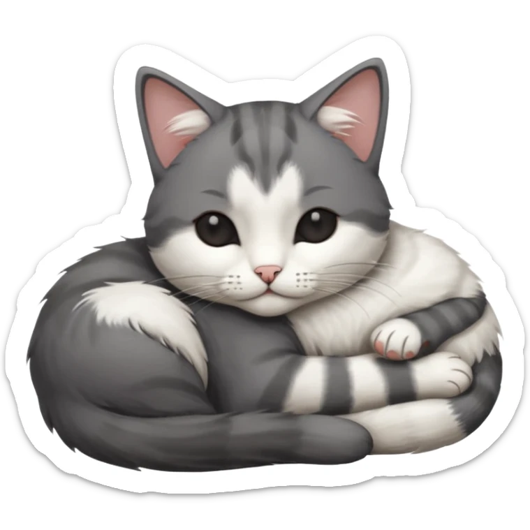 dark grey and white small cat with his eyes closed leaning his head on his paw while leaning on his elbow lying down sticker