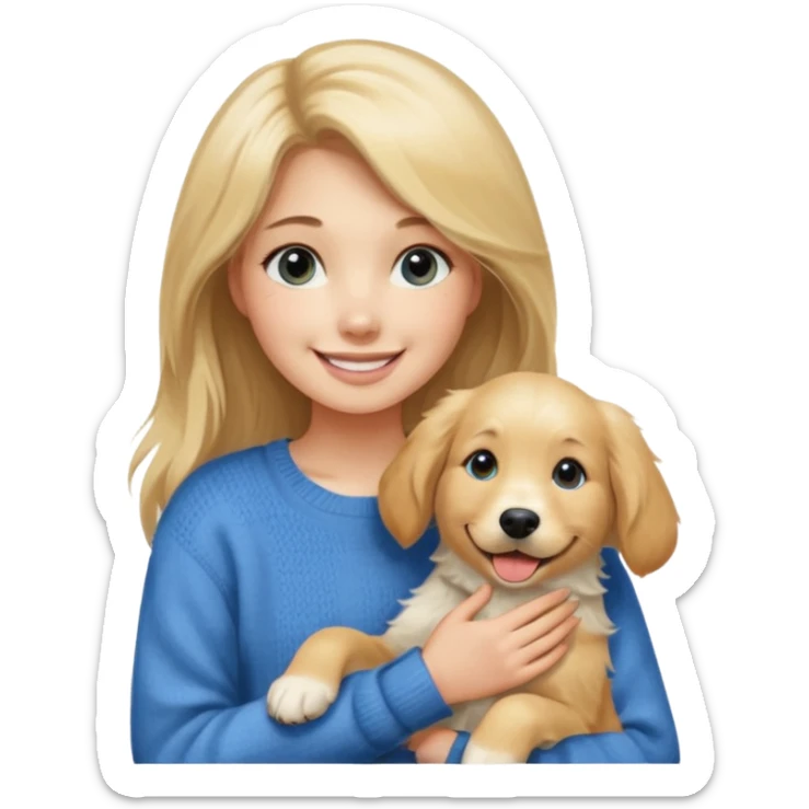 20-year-old dirty blonde woman with long hair and dark blue eyes, petting an English cream golden retriever, cheerful atmosphere sticker