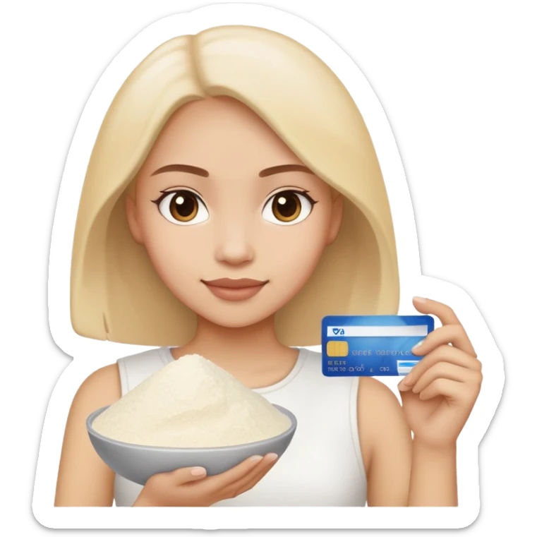 A girl with a credit card in one hand and a pile of flour  sticker