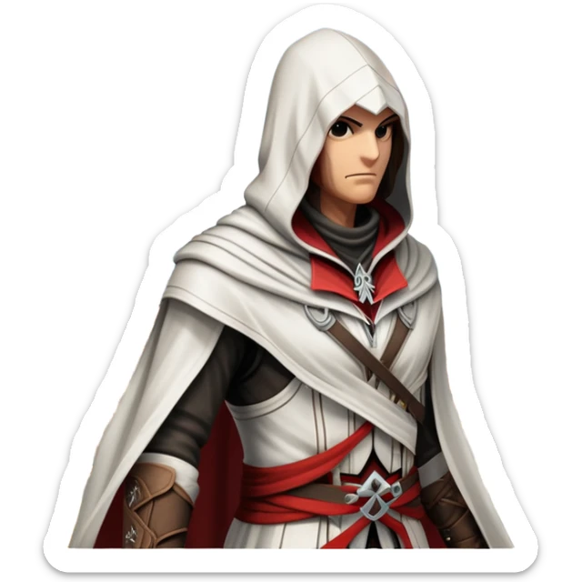 icon featuring Assasin's Creed in an iconic assassin's hood, standing tall against the backdrop of Florence. The design captures the essence of adventure, with intricate details of historical architecture and a sense of mystery. The character is poised, ready for action. transparent background. sticker