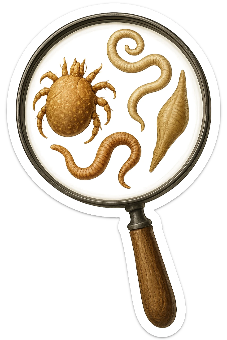 parassiti sotto lente di ingrandimento in 3D stile Dall-e 3 sticker