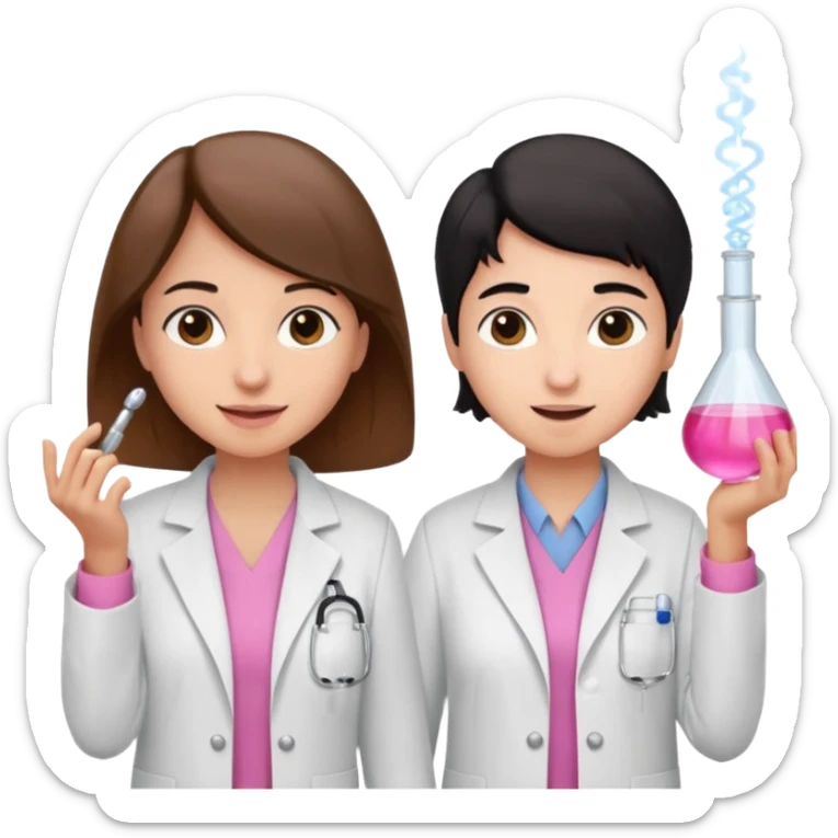 cientificas con blusa rosa y bata blanca felices, una chica con pelo marrón y otra chica con pelo negro sticker