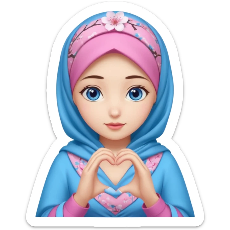 Turkish beautiful finish Konya girl blue eyes with mini cherry blossom hijab and lila blue pink dress and she make heart with hands sticker