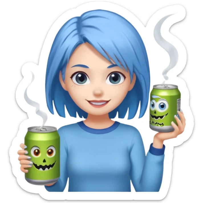Chibi sticker of a woman with powder blue hair, lower back length, with white eyes hold a can of Monster with a smug smile; cozy cartoon style sticker