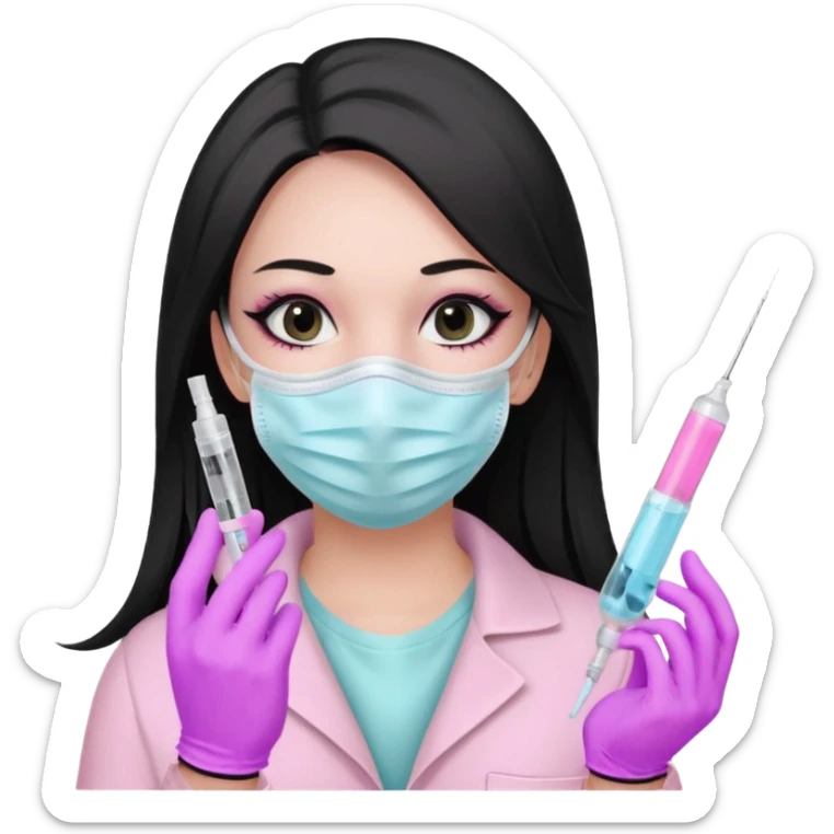 laboratorista con guantes rosa pastel y mascarilla rosa pastel jeringa tubo laboratorio sin lentes pelo lacio negro y largo ojos negro cabello largo sticker