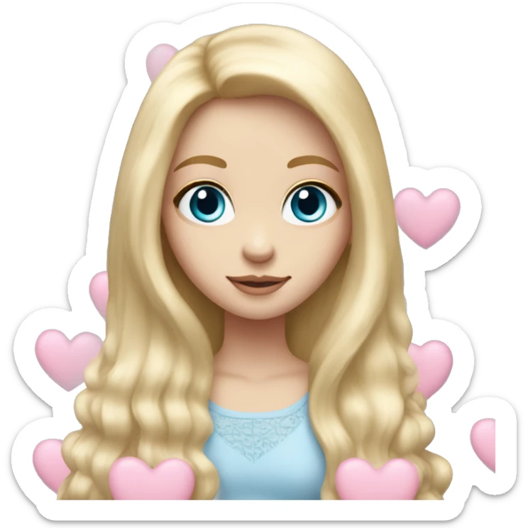 white girl blue eyes very long blond hair holding a pastel pink heart. Full shoulder view sticker
