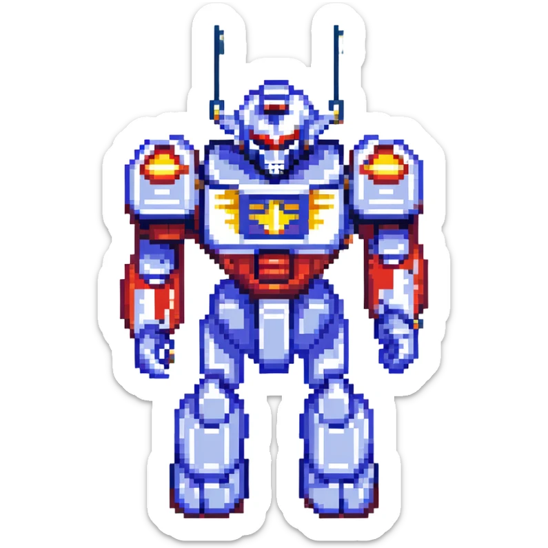 Voltes V robot in classic 8-bit pixel art style, reminiscent of retro video games, detailed and colorful sticker