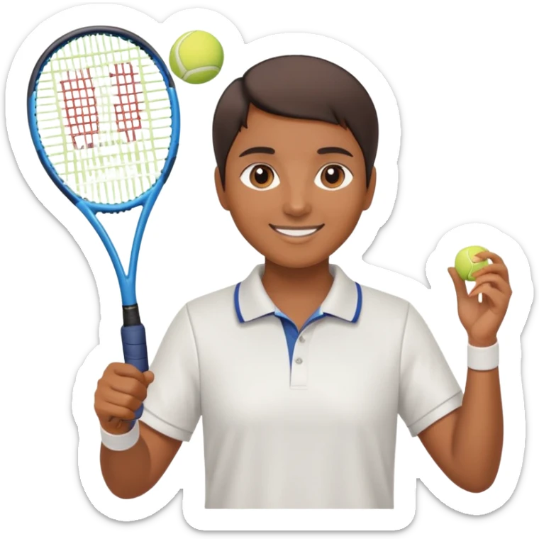 Chindian tennis coach, caramel brown skin, short straight hair, oval face, small eyes, smiling, holding a tennis racket sticker