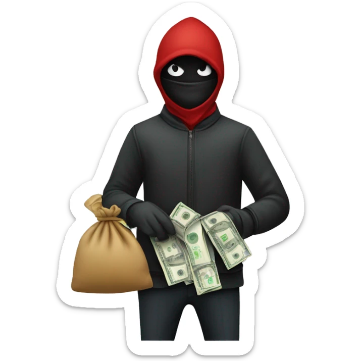 Thief stealing a bag of money that has the word Toptier embroidered on it sticker