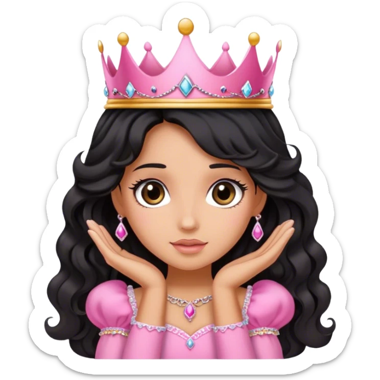 Very very very tanned skin princess, with long black wavy hair and crown and an pink princess outfit with a cute pose with face leaned on her hands sticker