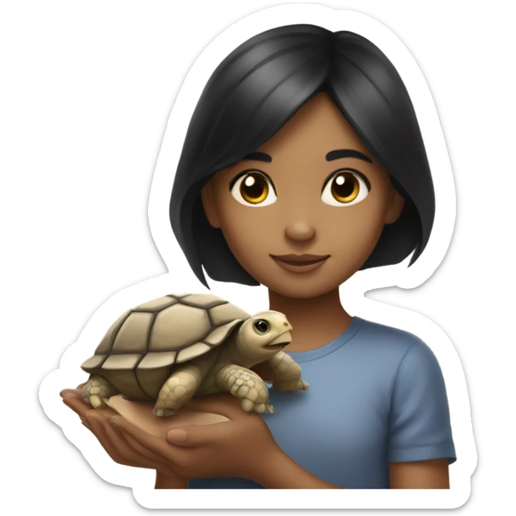 Little girl with black hair and light tan skin holding a tortoise sticker