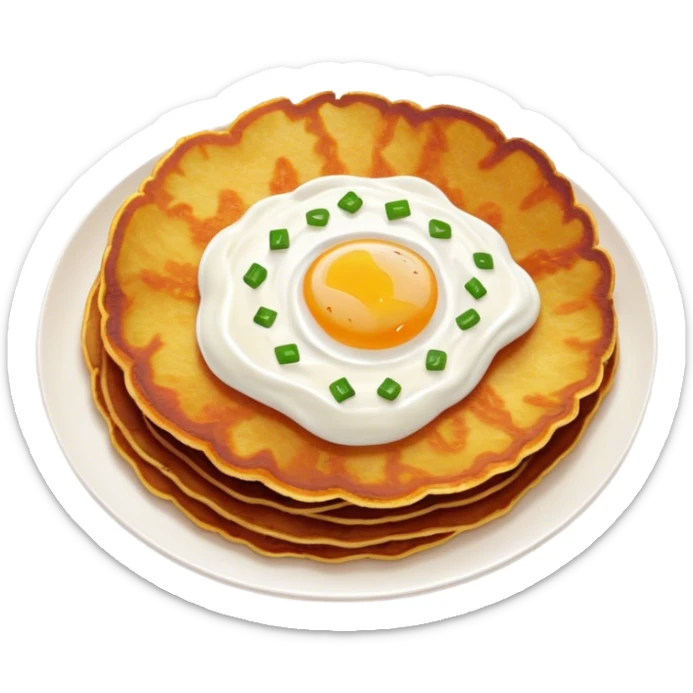 Cinematic Realistic Placki Ziemniaczane Dish Emoji, depicted as crispy potato pancakes served with sour cream rendered with vivid textures and warm, appetizing lighting. sticker