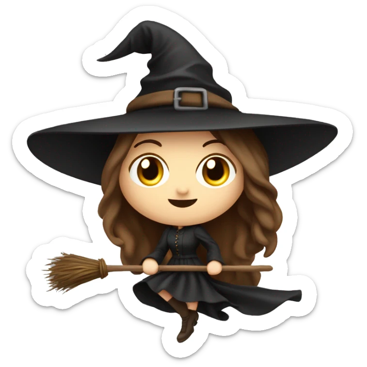 brown waistlong hair witch flying on a broom european white skin, full lips, slendr figure  sticker