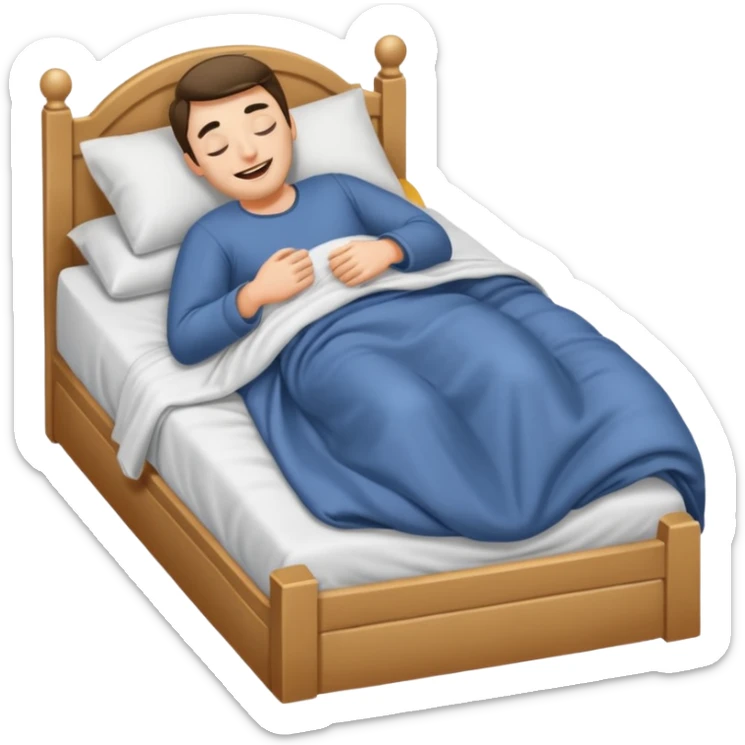 A man in bed under covers kicking feet because so excited to sleep. Eyes are closed and he is smiling. sticker