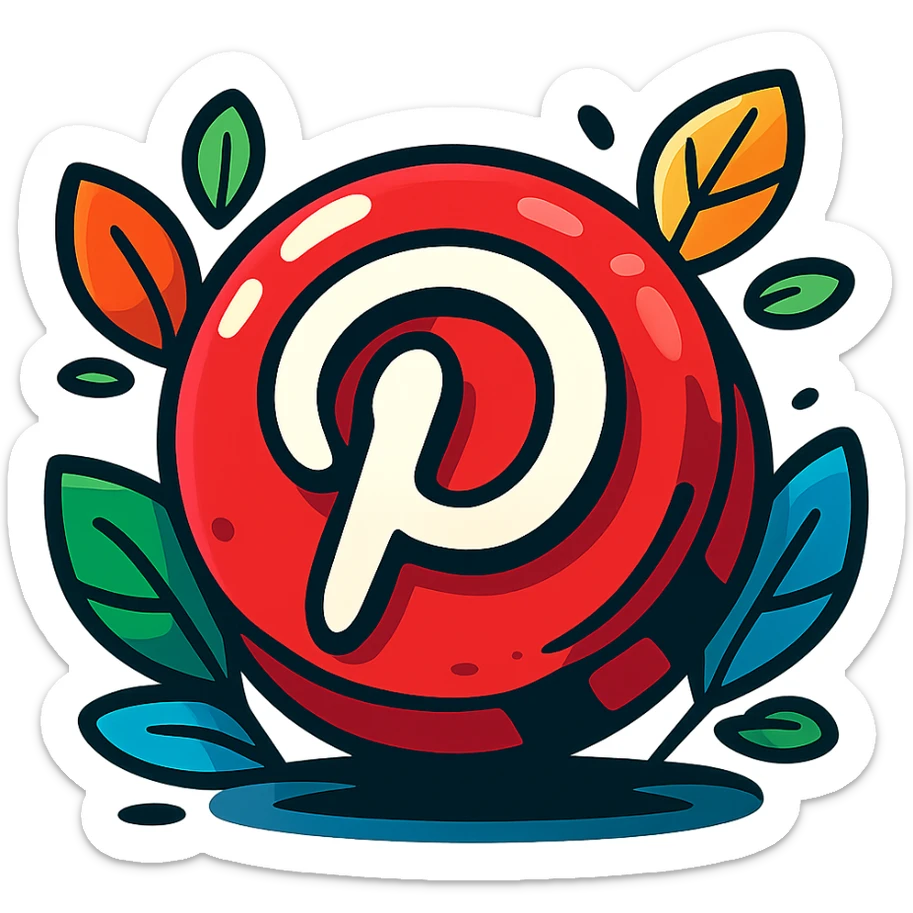 chunky, playful Pinterest logo, vibrant toon style, bold cartoon outline, dramatic shadows, glossy highlights, surrounded by bright leaves, no background sticker