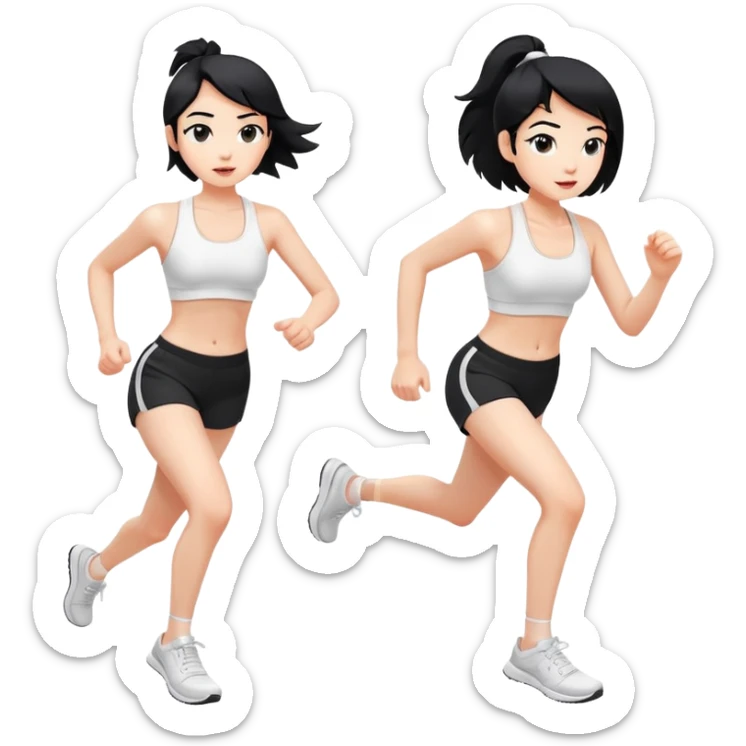 Running slim girl, white skin, black hair, white sports bra, black shorts, white sneakers sticker