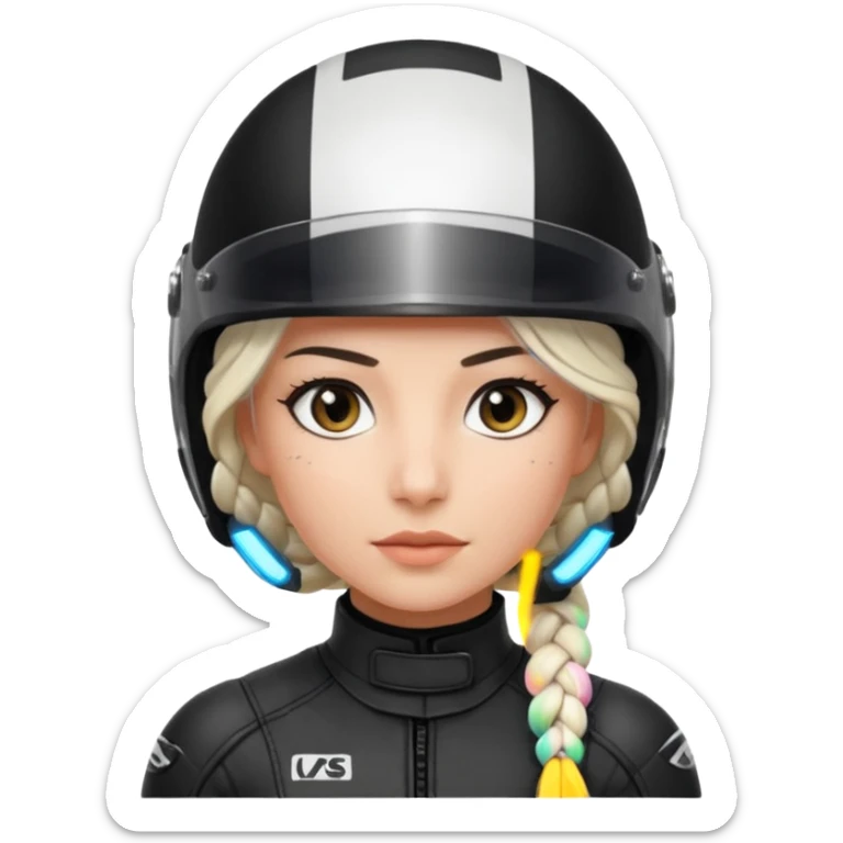 woman with white braided hair in black racer helmet sticker