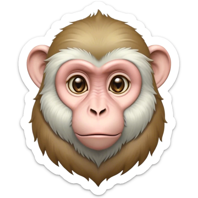 Cinematic Noble Macaque Portrait Emoji, Poised and regal, with a smart, agile build and expressive, deep-set eyes, adorned with soft, detailed fur and a dignified expression, Simplified yet sharp and sophisticated features, highly detailed, glowing with a soft, natural radiance, high shine, intelligent and commanding, stylized with an air of primate nobility, focused and alert, soft glowing outline, capturing the essence of a watchful and confident guardian that appears ready to leap out of the screen with effortless authority! sticker