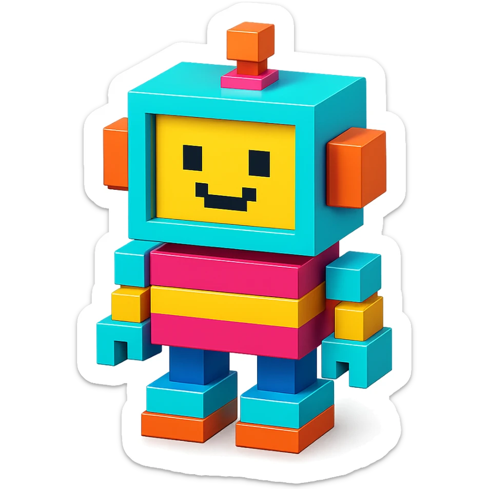 A voxel-style robot with a friendly face, vibrant colors, simple geometric shapes, and a glossy finish sticker