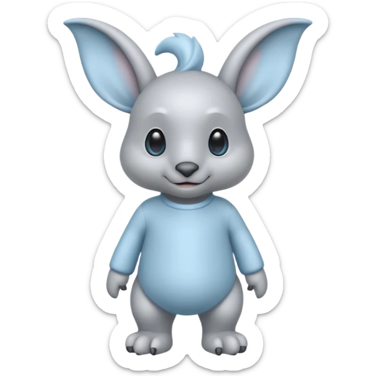 full body ...it has 1 eye....stands upright and looks intelligent ...wears clothing. is light grey and light blue..looks happy and cuddly... doesnt have eyes on face,remove the 2 eyes on face. . there is a appendage coming from top of head with a single large e sticker