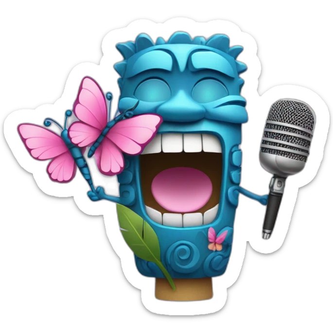 Cartoon Blue and pink tiki singing with butterfly and in the mikrophone sticker