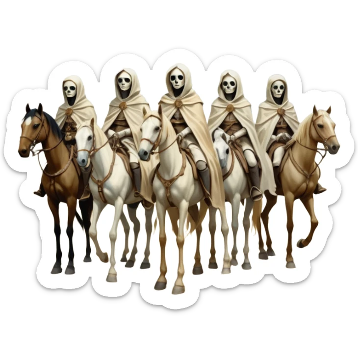 cinematic - aesthetic brilliant divine lighting, oil paint - ivory Four thin women as riders of the Apocalypse, after a graphic by Albrecht Dürer in a desolate landscape on horse skeletons sticker