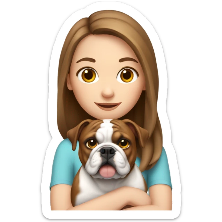 White girl with brown hair holding English bulldog sticker