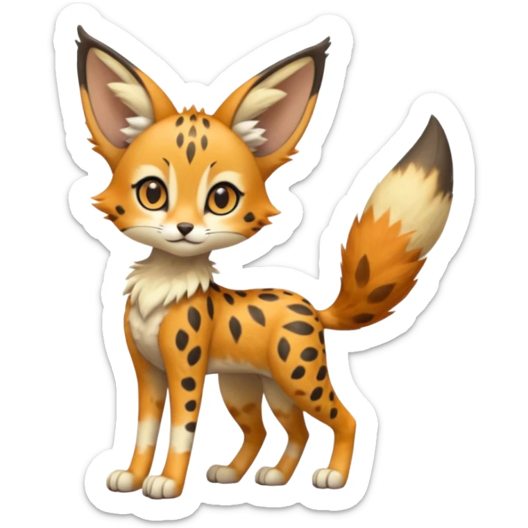 Big-eared big-eyed cute realistic animalistic feral digitigrade 4-legged anime-styled Meloetta-Trico-Vernid-Sergal-Serval-hybrid-fusion-creature-animal, full body sticker