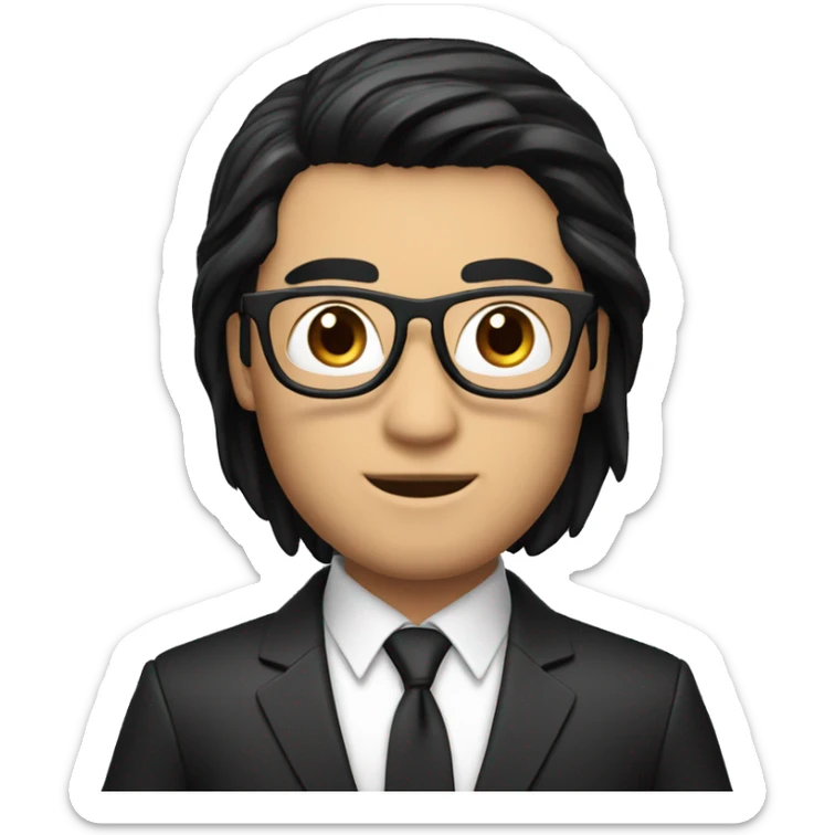 memoji of a male with a laptop in front,apple-style,modern,black hair,black suit,computer in hand --ar 1:1 sticker