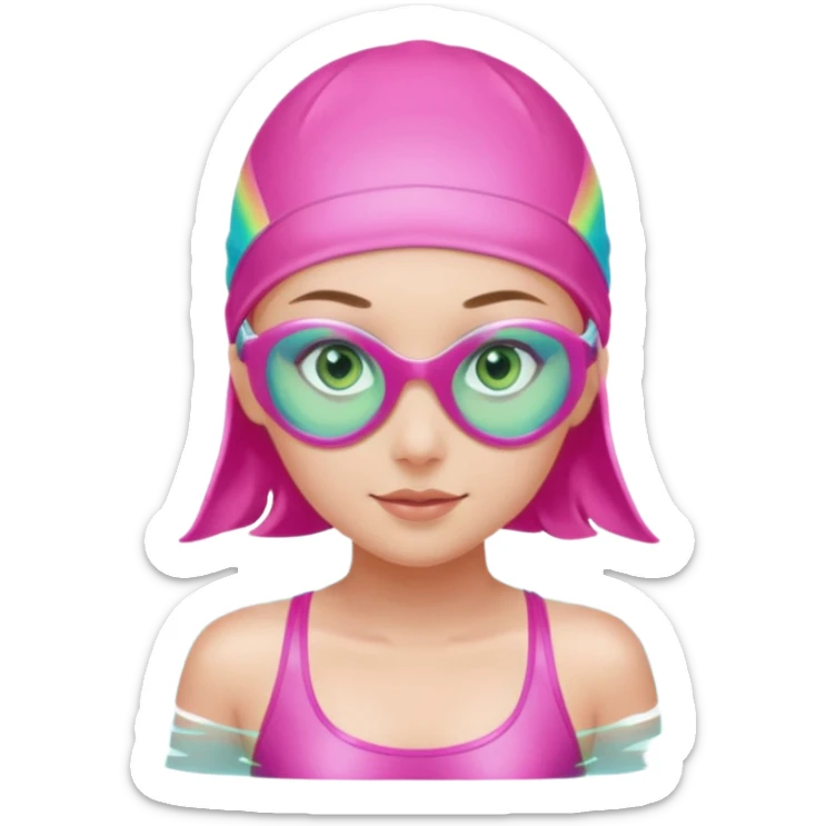 pretty girl with green eyes pink swim cap holographic swimming glasses and cute profesional swimmer pink swimsuit without her hair visible swimming sticker
