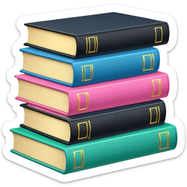 a satck of books: two pink, one green, one yellow, two blues, one black sticker