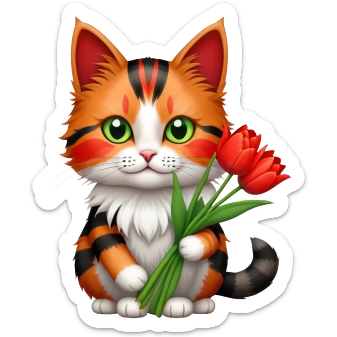 tricolor fluffy cat with big green eyes holding red tulips in her arms sticker
