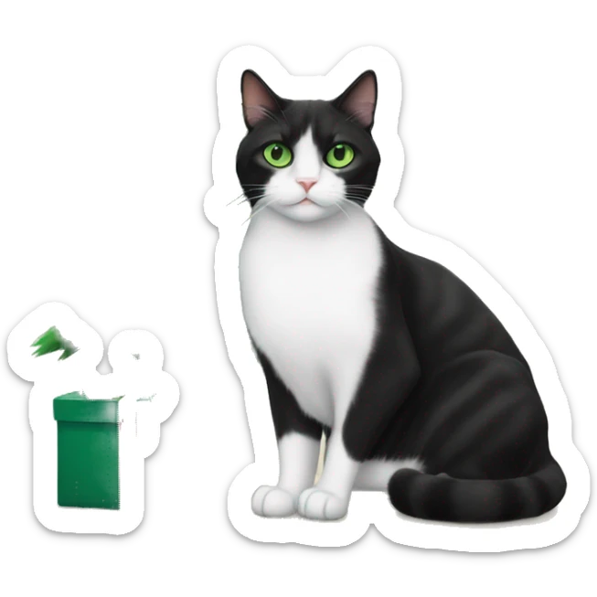 Tuxedo cat with green eyes sitting next to a tortoiseshell cat in front of a Christmas tree sticker