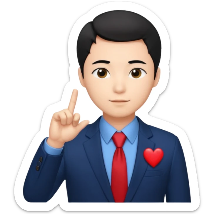 A man in very black short hair with all back hair style, wearing dark blue suit and red tie, making a Korean finger heart like photo sticker