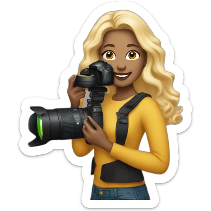 women photographer wearing black light skin with honey colored blonde hair holding a camera canon sticker