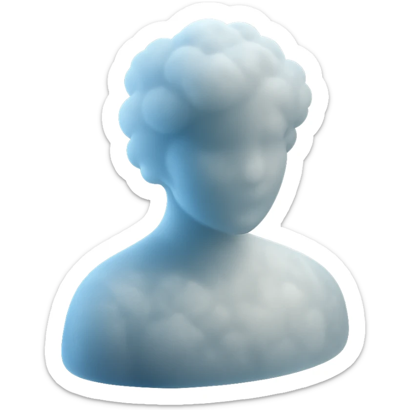 front view of a person from shoulders up, entirely composed of volumetric clouds, matte glass style sticker