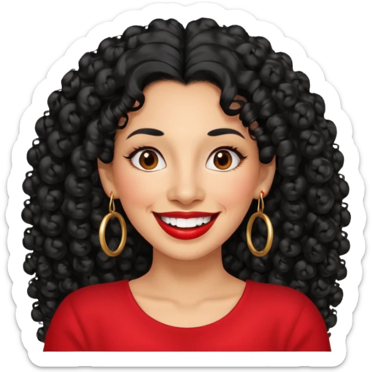 40 yr old peruvian woman, very curly long black hair, red lipstick, big smile, white teeth, brown eyes, hoop earings sticker