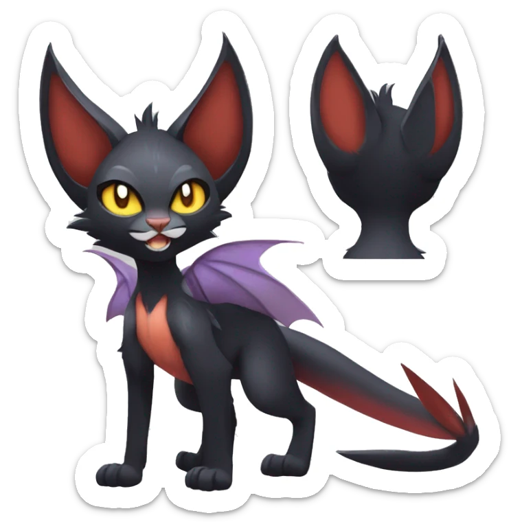Black cool beautiful vampiric anime Noivern-Litten-Lykoi-Caracal-Fakemon with big bat ears full-body sticker
