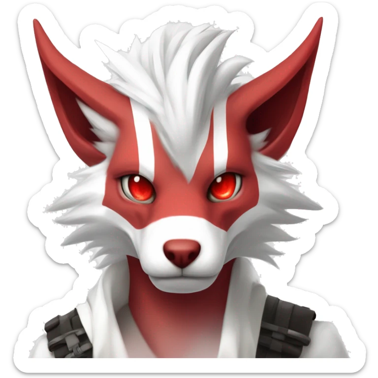 White edgy cute badass epic anthro modern albino sergal-vernid-Fakémon with red mane and red eyes, red stripes, red horns,  full body sticker