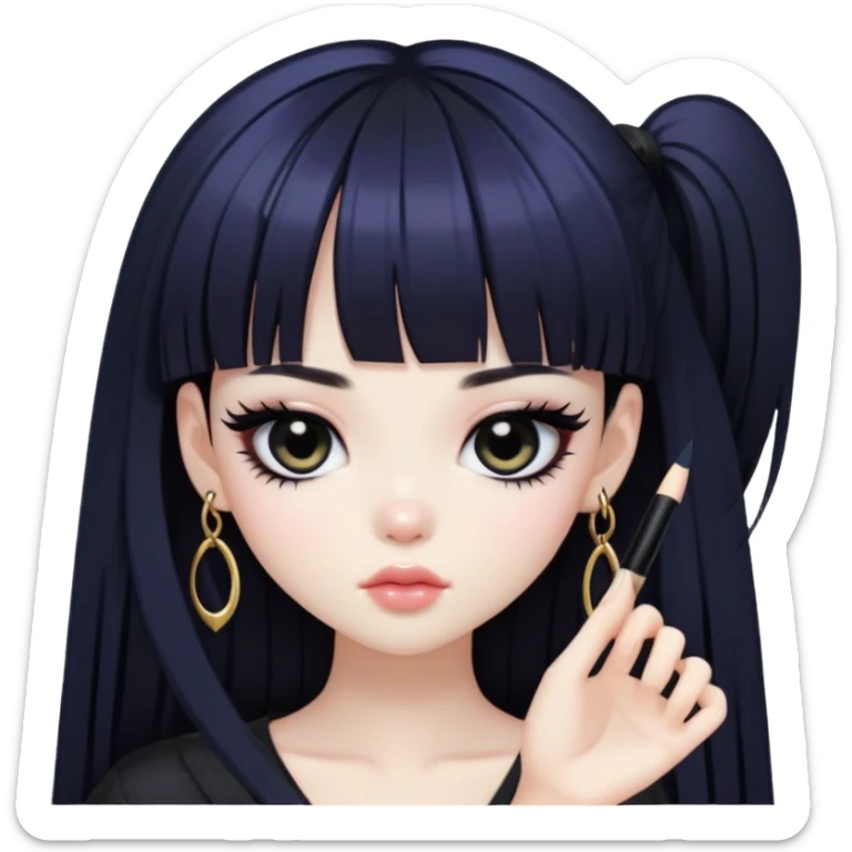 straight black long bangs hair, korean pale skin, dark black iris, pretty bratz baddie, black eyeliner sticker