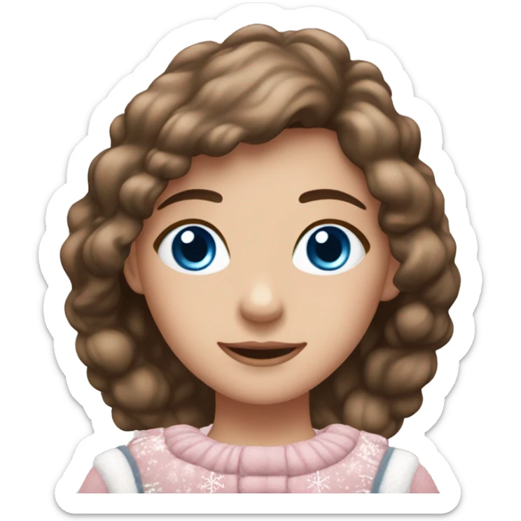 Girl with blue eyes and brown hair in a light, pink, snowy ￼ Christmas outfit sticker