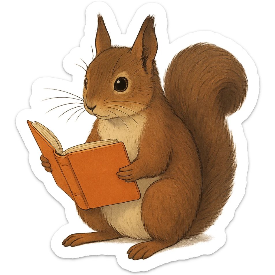 A cute brown squirrel with an orange book, studying at Siberian Federal University, sitting, full body, detailed fur, intelligent and beautiful sticker