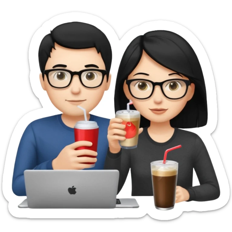 Hombre blanco con gafas, pelo negro tomando un refresco frente a un ordenador con ropa de sport,  y se ve en la pantalla del ordenador una mujer rubia tomando café sticker