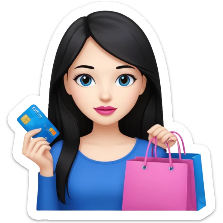 Girl with long black hair, pink lipstick, brown eyes holding shopping bags and blue credit card sticker